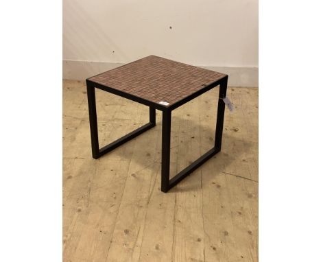 A modern tile top lamp table, the tile top raised on black square section supports, H41cm, 46cm x 46cm