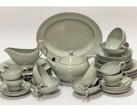 A Wedgwood Etruria Windsor grey part dinner and tea service including ashet, teapot, six soup bowls, four tea cups, six sauce