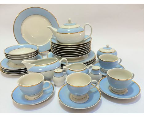 A Doulton china blue and gilt bordered part breakfast set of thirty four pieces, including breakfast plate (d:27cm), eight ce