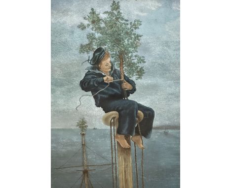 19thc School, Sailor up a Mast Binding a Tree to it, pastel sketch, gilt glazed frame, (32 x 22)