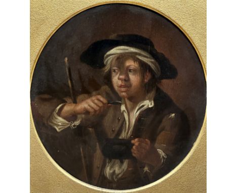 After David Teniers, (Flemish 1610-1690), Portrait of a Young Boy Eating, oil on panel, gilt composition frame, (32.5 x 19)