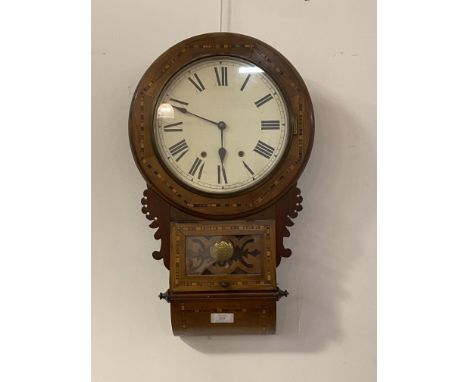 A late 19th century walnut cased drop dial wall clock, white painted dial with Roman chapter ring, eight day movement strikin