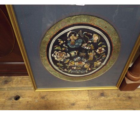 Chinese silk embroidered panel, framed and glazed.  Overall size including frame 56cm square.