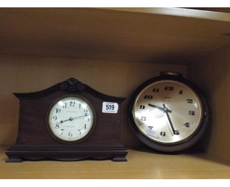 Mantel clock in mahogany case and a modern wall clock 