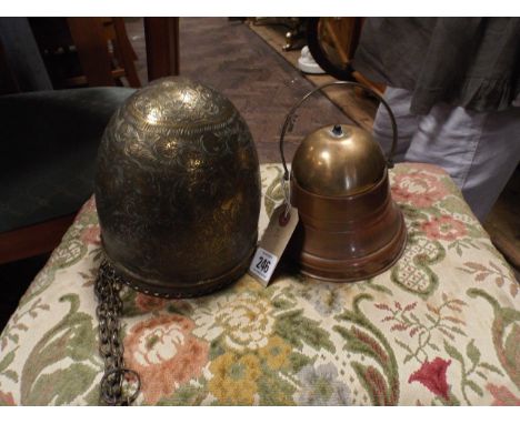 Brass hanging jardiniere, copper and brass tea caddy