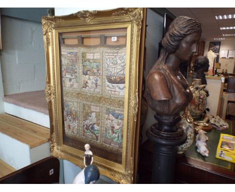 Persian quilted silk panel possibly depicting scenes from the Arabian Nights, in a later gilt frame 
