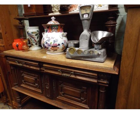 French oak marble top side cabinet with panel back and potboard under - 53" wide   Condition - Marble top is cracked 