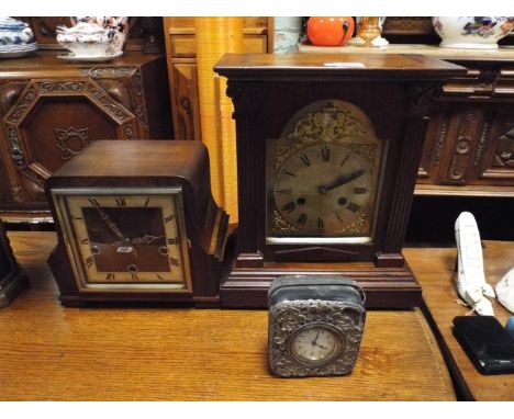 Edwardian bracket clock, Westminster chiming mantle clock and a silver cased clock