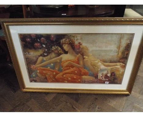 Large gilt framed coloured print classical ladies 