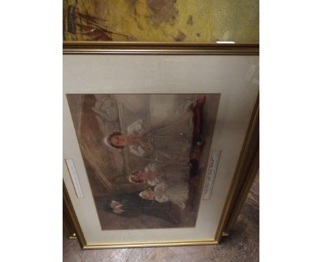 Framed print of sailing boat and another of children 