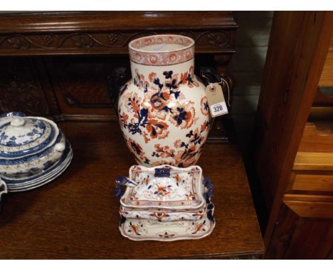 Pottery vase decorated in the Imari palette and a Burleigh Ware sauce tureen