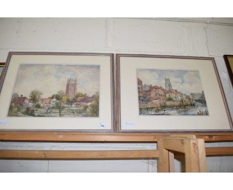 G R RUSHTON VILLAGE SCENE WITH GARDENERS IN THE FOREGROUND TOGETHER WITH A TOWNSCAPE WITH RIVER IN THE FOREGROUND, WATER COLO