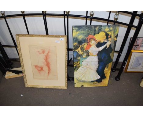 NUDE FEMALE STUDY, RED CRAYON, FRAMED AND GLAZED TOGETHER WITH A FURTHER PRINT ON BOARD (2)