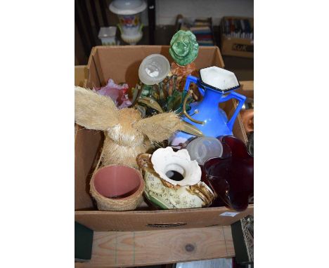 BOX OF VARIOUS ASSORTED GLASS AND CERAMIC VASES, RABBIT ORNAMENTS ETC