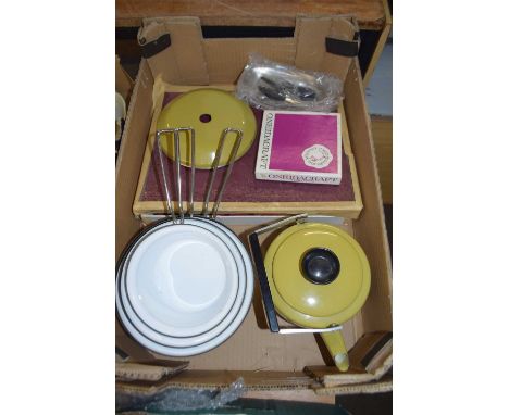 BOX OF MIXED ITEMS TO INCLUDE CATHERINE HOLM OF NORWAY ENAMEL SAUCEPANS, FURTHER KETTLE AND BOXED CUTTLERY