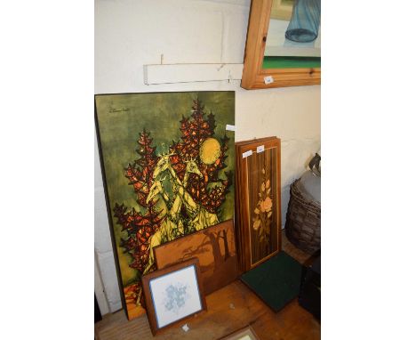 MIXED LOT: LAQUERED FLORAL DECORATED WOODEN PANELS, ROLAND SMITH COLOURED PRINT ETC