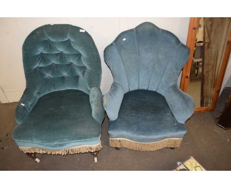 LATE VICTORIAN BLUE UPHOLSTERED BUTTON BACK ARMCHAIR TOGETHER WITH A FURTHER BLUE UPHOLSTERED LOW ARM CHAIR WITH SHELL FORMED