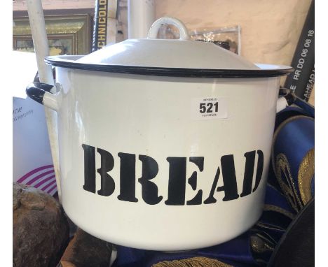A vintage enamel bread bin and lid with stencilled lettering - sold with an unmarked smaller similar and a fish kettle