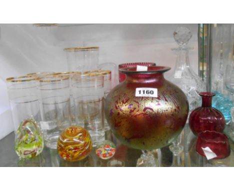 A selection of assorted glassware including large red Royal Brierley studio vase with splash lustre decoration, ruby flash cu