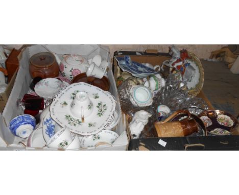 Two boxes containing a quantity of assorted ceramic and glass items including Adderley bone china coffee cups and saucers, et