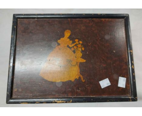 A vintage lift-top box with crinoline lady decoration containing a quantity of collectable items including wooden whist marke