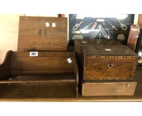 A vintage oak book slide of trough form and an adjustable wooden reading stand - sold with a mahogany writing slope and two o