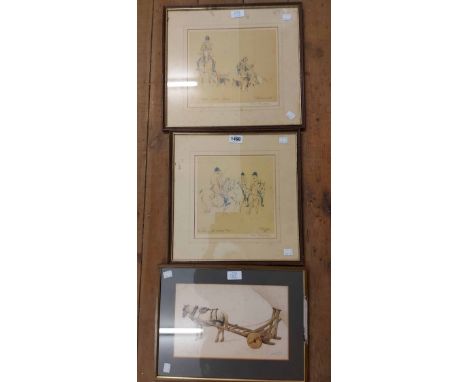 Ros Goody: a pair of framed hunting prints - sold with a coloured lithograph, depicting a horse and cart - water stained
