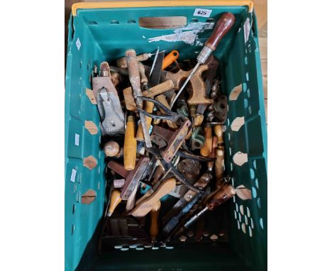 A crate containing a quantity of tools including Acorn plane, Marples and other chisels, screwdrivers, etc.