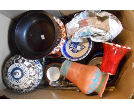 A box containing a quantity of assorted ceramic and other collectable items including studio pottery, cutlery, etc.