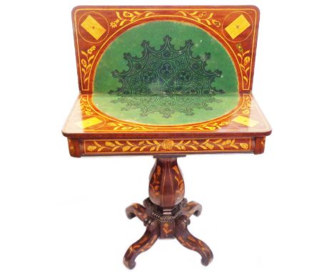 An 83cm 19th Century Dutch floral marquetry and walnut veneered fold-over card table with central group of musical instrument