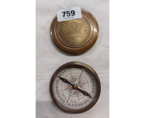 A modern reproduction brass compass with apocryphal mark London 1953