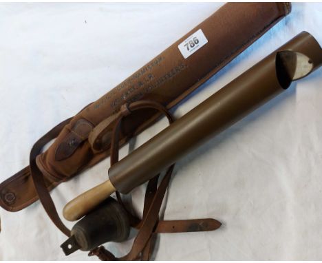 A WWI trench periscope with wooden handle and khaki painted tube (marked for Dixey, London Bond Street) in original canvas ca