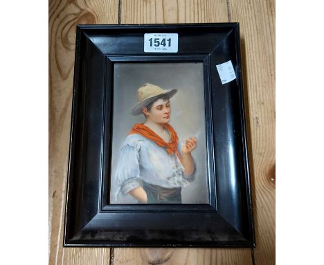 An ebonised framed Berlin style porcelain portrait panel, depicting a country boy smoking - signed under mount - 15.5cm X 10c