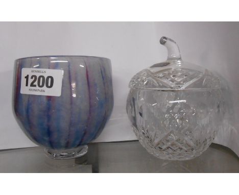 An art glass bowl with internal enamel decoration - sold with a Dublin crystal preserve pot