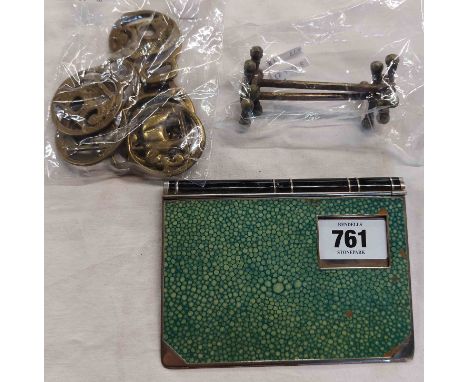 A small selection of collectable items comprising faux shagreen diary holder, collection of miniature horse brasses and pair 