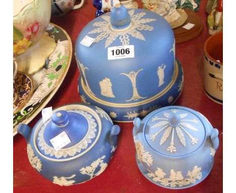 A Victorian blue Jasper dip cheese dome, a similar Wedgwood dark blue Jasper dip sucrier - sold with two pieces of Wedgwood b