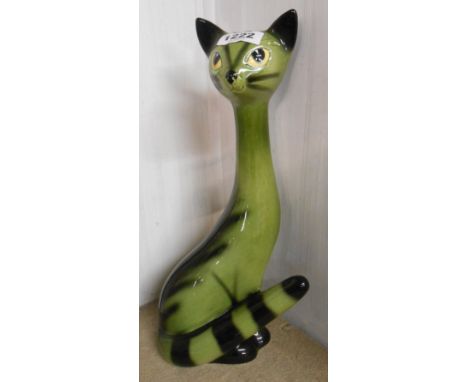 A vintage SylvaC pottery long necked cat figurine with green and black finish - model 3457