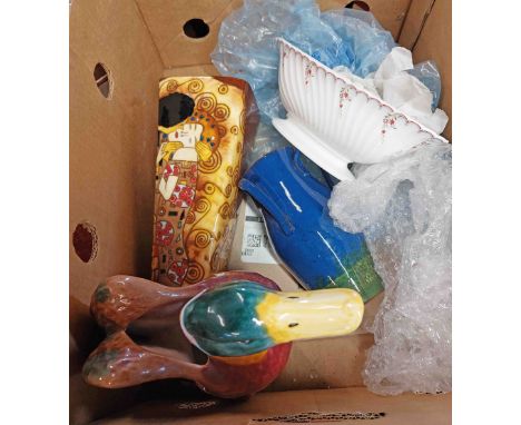 A box containing a small quantity of assorted ceramic items including modern majolica style duck jug, Torquay pottery parrot 