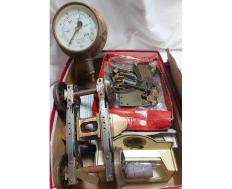 A large scratch built train undercarriage - sold with a box containing a quantity of model railway and other items