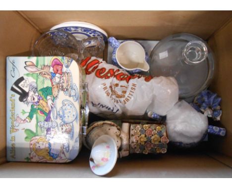 A box containing a quantity of assorted ceramic and glass items including decanter, jug, etc.