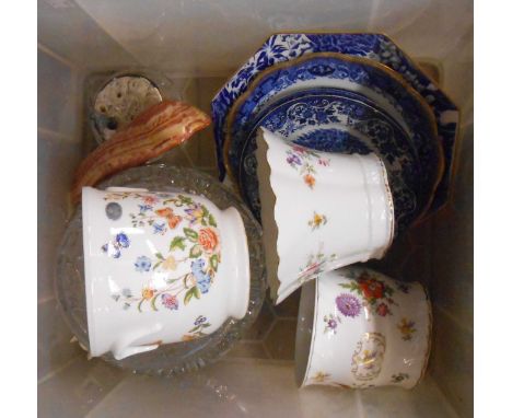 A crate containing a quantity of assorted ceramic items including small Aynsley jardiniere, blue and white plates, etc.