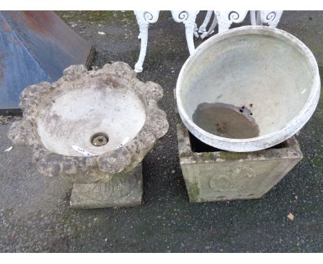 A concrete pedestal urn - sold with a concrete planter and a metal bowl