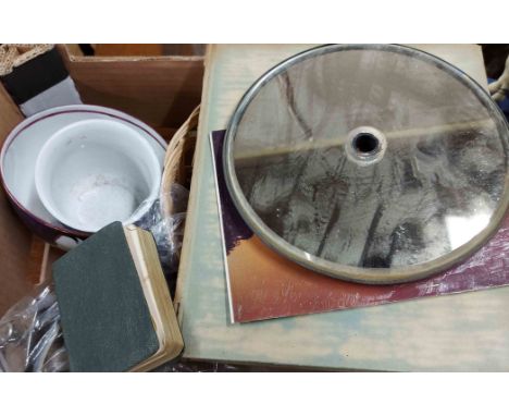 A box containing a quantity of assorted collectable items including pressed glass comport, White Horse Scotch Whisky advertis