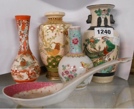 A small Chinese crackle glaze vase with painted enamel decoration depicting a cockerel amidst foliage, a Japanese late Satsum