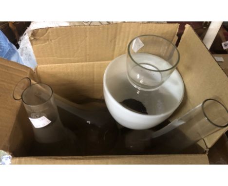 A box containing five old oil lamp funnels/shades, wicks, etc.