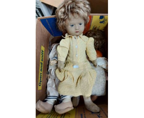A box containing five assorted vintage dolls comprising two Chad Valley Bambina felt body examples, composition and porcelain