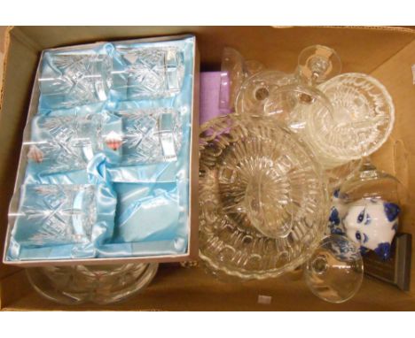 A box containing a quantity of assorted ceramic and glass items including Royal Doulton toothpick holder, drinking glasses, e