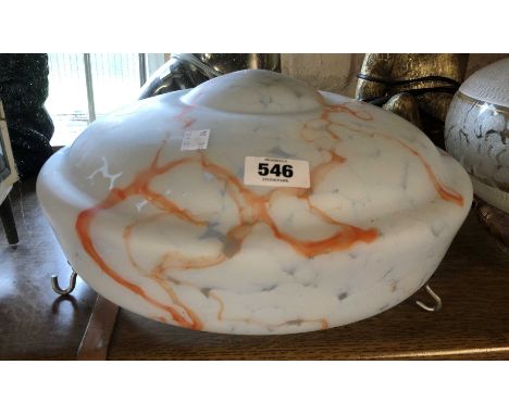 An Art Deco glass hanging ceiling lamp shade of 'turban' form with mottled internal decoration and chains