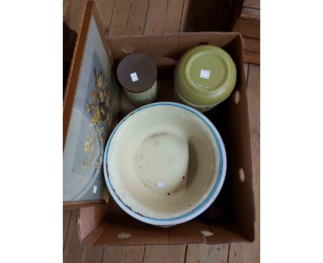 A box containing a quantity of assorted collectable items including enamel bowls, etc.