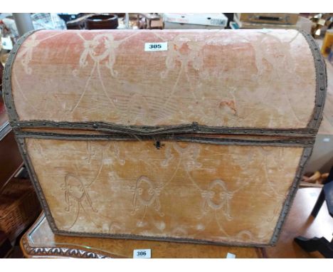 A 52cm 19th Century polished maple lined dome-top trunk with original cut velvet covered exterior, studded binding and flanki
